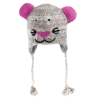 A hand-knit child's Mouse Hat made of wool, with earflaps, designed to look like a mouse, featuring pink ear accents and a cute mouse face.