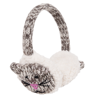 A hand-knit Mouse Earmuff with a cat on it, made from 100% wool.