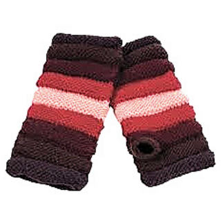 A pair of knitted, striped Round Gradient Merino hand warmers in shades of red and brown, laid out to resemble the letter 'm'.