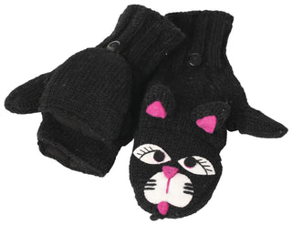 A pair of hand-knit black Sleepy Cat Cover Mittens, with button attachments to fold back the mitten tops, revealing fingerless gloves underneath.
