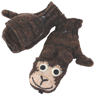 A pair of brown, wool Cheetah Monkey Cover Mittens, handmade in Nepal.