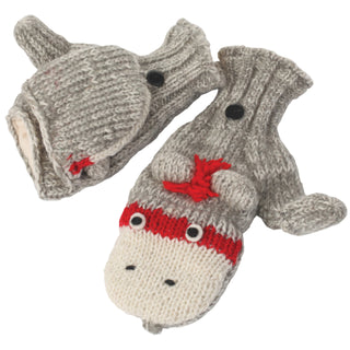 A pair of Cute Sock Monkey Cover Mittens with a decorative animal face design on the back of each, featuring button eyes and red accents.