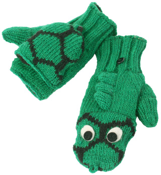 A pair of green handmade wool Dinosaur Cover Mittens.