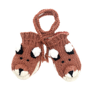 A pair of hand-knit wool, brown knitted Fox Mittens with a fox face design, featuring white and black accents, isolated on a white background.