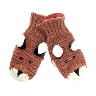 Sentence with product name: A pair of Fox Mittens designed to look like fox faces against a white background.