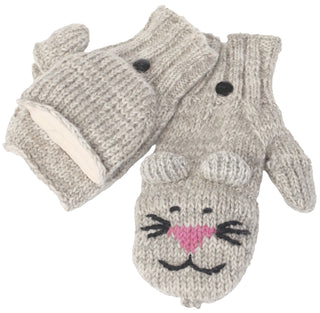 A pair of Mousey Cover Mittens with a flap to expose fingerless gloves underneath, featuring an animal face design on the back of the hand.