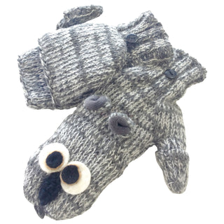 A pair of hand-knit Grey Owl Cover Mittens designed to look like koala bears, featuring button details and felt appliqués for the eyes and nose.