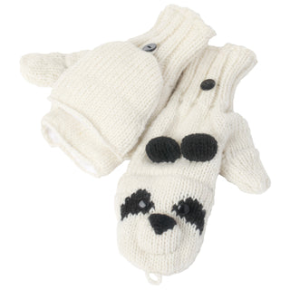 A pair of white knitted Panda Cover Mittens with a cute panda face design on the back of the hands.