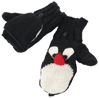 A pair of black, hand-knit wool mittens with a Penguin Cover Mittens design on the back.