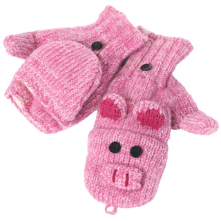A pair of Pig Cover Mittens designed to look like pigs, complete with button eyes and snout details.