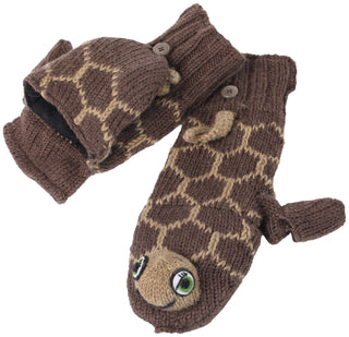 Pair of Turtle Cover Mittens with a buttoned flap and a decorative animal face design.
