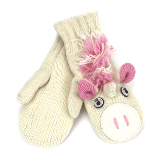 A pair of Handmade Unicorn Cover Mittens with a pink unicorn on them.