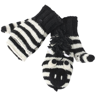 A pair of Zebra Cover Mittens with zebra face design.