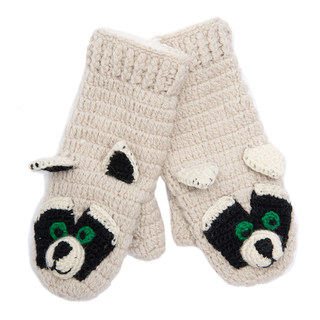 A pair of Crochet Rockey Racoon mittens.
